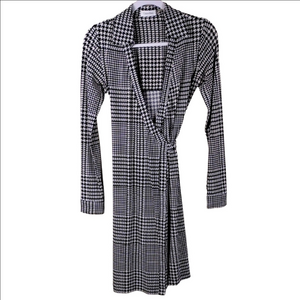 Calvin Klein Black White Houndstooth V-Neck Point Collar Long Sleeve Wrap Dress